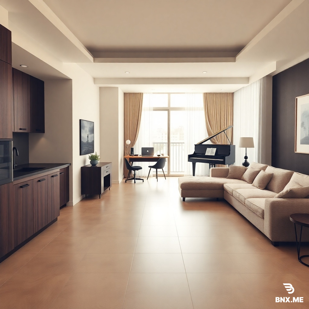"Photorealistic 3D interior render of a modern 75 sqm apartment living room, view from the entrance. Open-plan kitchen on the left with dark wood cabinets and black metal handles. In the center-right, a large L-shaped sofa in cream-beige ('zahari') fabric, facing a large window/balcony door. Behind the sofa, a small minimalist wooden desk with a laptop and a modern desk chair, positioned near the window for natural light. In the corner next to the desk, a classic upright piano (no grand piano) in black, with a sheet music stand. Near the balcony entrance, a modern rowing machine (ergometer) in dark grey/black, placed discreetly. Floor is large-format beige ceramic tiles. Walls warm off-white with a dark accent wall behind the sofa. Natural daylight from the balcony. Earthy color palette: black, brown, beige, cream. Modern minimalist style, warm soft lighting, architectural photography, 8k, highly detailed, ray tracing."  "Photorealistic close-up of a modern living room corner. A large L-shaped sofa in cream-beige fabric with soft cushions. In the background, a classic upright piano in polished black wood, with a small stool and a few sheet music books on top. Next to the piano, a small wooden desk with a modern desk lamp and a laptop. Warm natural light from a large window. Floor in beige ceramic tiles. Minimalist decor with a small plant and a floor lamp. Earthy tones: beige, brown, black. Greek apartment interior, modern style, 8k, photorealistic."   "Photorealistic detail of a modern rowing machine (ergometer) placed in a bright corner of a Greek apartment living room, next to a large balcony door with natural light. The machine is dark grey/black with a sleek design. Next to it, a small towel and a water bottle on the floor. The room has beige ceramic tiles and warm white walls. In the background, a glimpse of a cream sofa and a piano. Earthy modern interior, minimalist, 8k, photorealistic." "Photorealistic modern open-plan kitchen in a Greek apartment. Dark brown wooden cabinets with black handles, white quartz countertop, built-in oven and induction hob. A kitchen island with two bar stools in beige leather. Behind the island, a view of the living room with a cream sofa and a black upright piano visible. Floor is large beige ceramic tiles. Warm natural light from the balcony. Earthy color palette. Architectural interior photography, 8k, hyper-realistic."