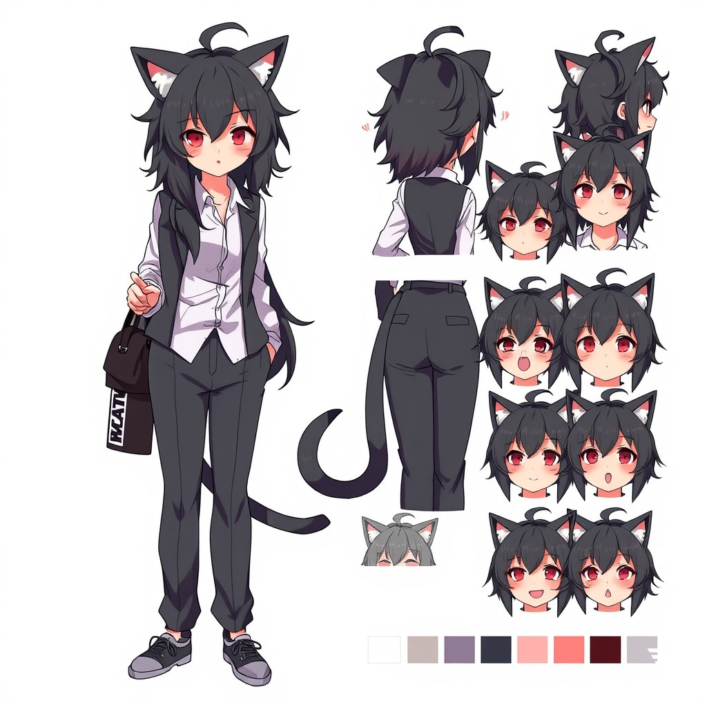 anime character sheet, character design sheet, full body front view, full body back view, full body side view, all full body views with neutral sleepy expression, no blushing on full body, isolated expression sheet section with 8 completely separate facial expression headshots, each emotion distinctly and brightly expressed, no emotion mixing, no overlapping expressions, only the 7th expression has slight blushing, other 7 expressions have no blushing, color palette swatches, female office worker, dark graphite grey hair (#36454F, RGB 54 69 79), extremely messy disheveled hair, prominent large ahoge integrated into hairstyle, natural large cowlick on crown, dark graphite grey fluffy cat ears, dark graphite grey fluffy cat tail, red sleepy eyes, highly visible prominent under-eye bags, clearly defined dark circles under eyes, deep greyish-brown under-eye shadows, pronounced purple-grey under-eye tone, not red under-eye bags, mole under left eye, catlike smile, cigarette in hand only, no cigarette in mouth, white dress shirt, dark grey tailored trousers, grey sneakers, holding dark grey blazer in hands, thin silver chain with silver GTNH logo pendant, pendant design: stylized silver globe background, silver metallic overlaying merged letters N and H, enclosed in a silver circular ring with four cross-shaped metallic extensions, all metallic silver color, shiny, wristwatch, white background, high quality, detailed --ar 3:4  Negative prompt: mixed expressions, blended emotions, subtle expressions, faint emotions, same expression, blushing on full body, red cheeks on full body, blushing in main views, all expressions blushing, separate ahoge, detached antenna hair, extra pendants, multiple necklaces, extra chains, skirt, green hair, green tail, green ears, brown eyes, fish pendant, vest, heels, cigarette in mouth, red under-eye bags, red circles under eyes, low quality, bad anatomy, extra limbs