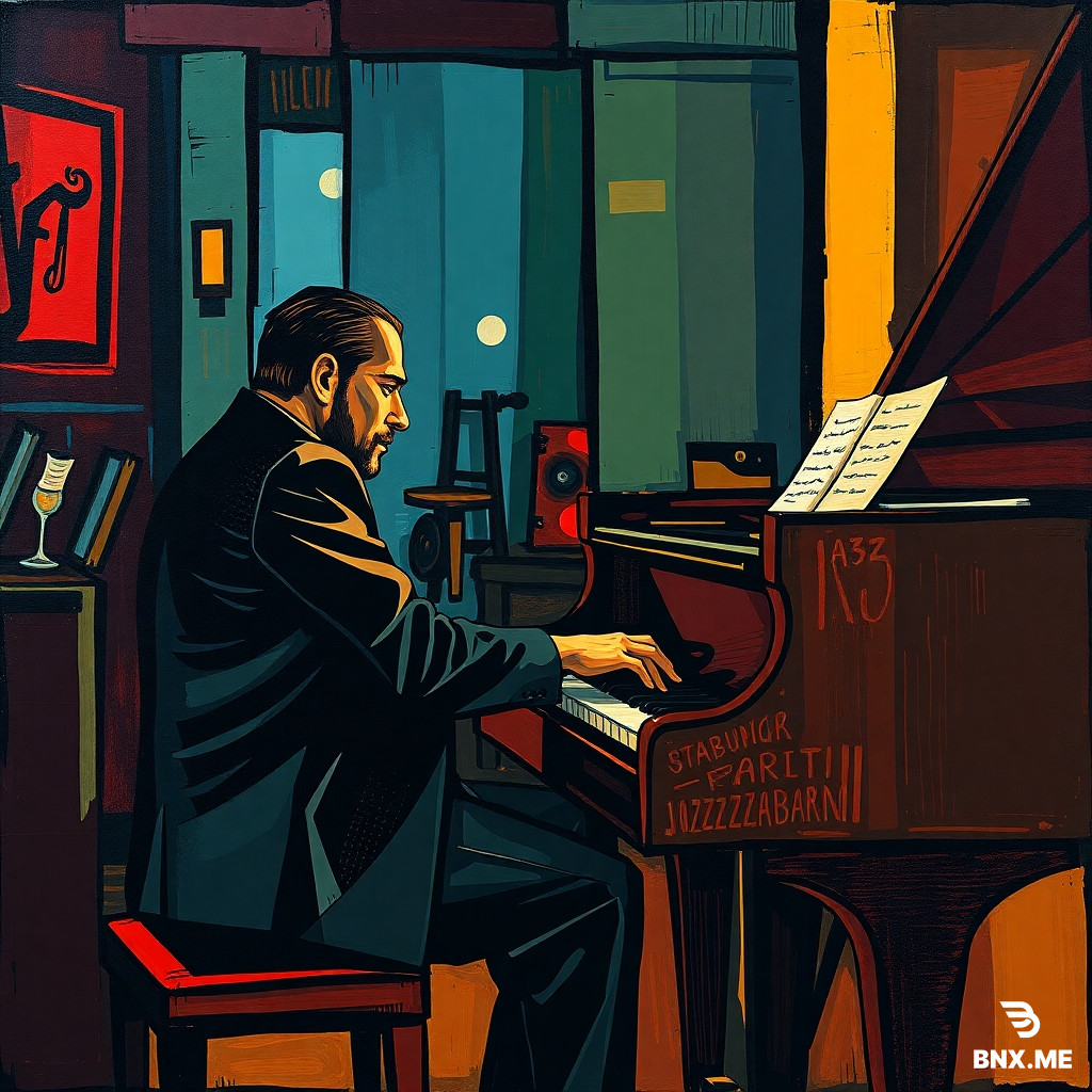 a man playing piano jazz club style cubist abstract style