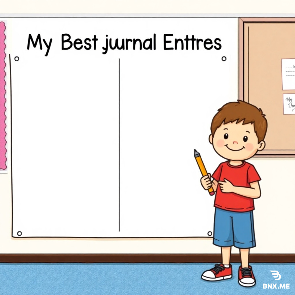 A blank white poster divided into 4 equal boxes like a 2x2 grid. The poster has a title at the top that says "My Best Journal Entries." Each box is empty and ready for writing. A student stands next to the poster holding a pencil and smiling. Cartoon style, colorful, clean, classroom setting.