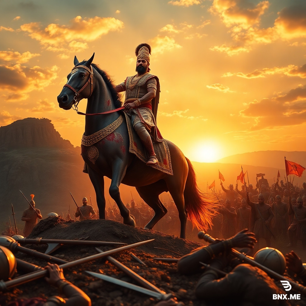 A victorious Chola prince sits astride a majestic war horse atop a rugged hill at sunset. His face, body, and ornate battle attire are stained with splattered blood from recent combat, highlighting the intensity of battle. The prince exudes pride and determination, gazing over the aftermath below: fallen bodies and scattered weapons mark the battlefield, while jubilant soldiers celebrate victory amidst the chaos. The sky is ablaze with warm, golden hues, casting dramatic shadows that enhance the prince’s heroic silhouette. The environment features ancient South Indian terrain and details characteristic of Chola royalty—such as finely wrought golden jewelry and distinctive armor, with realistic textures and high detail for cinematic atmosphere.