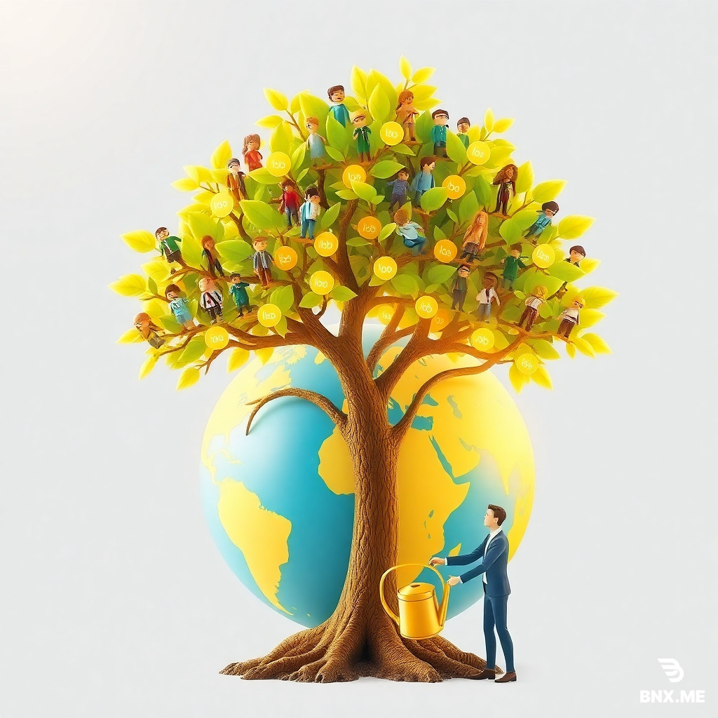 A heartwarming 3D illustration of a large, flourishing tree growing out of a globe. The leaves of the tree are actually diverse, miniature human figures holding hands, each with a small glowing "job" badge. Beneath the tree, a business owner is watering the roots with a golden watering can. Sunny, bright, optimistic colors, stylized realism, positive corporate vibe. --ar 1:1