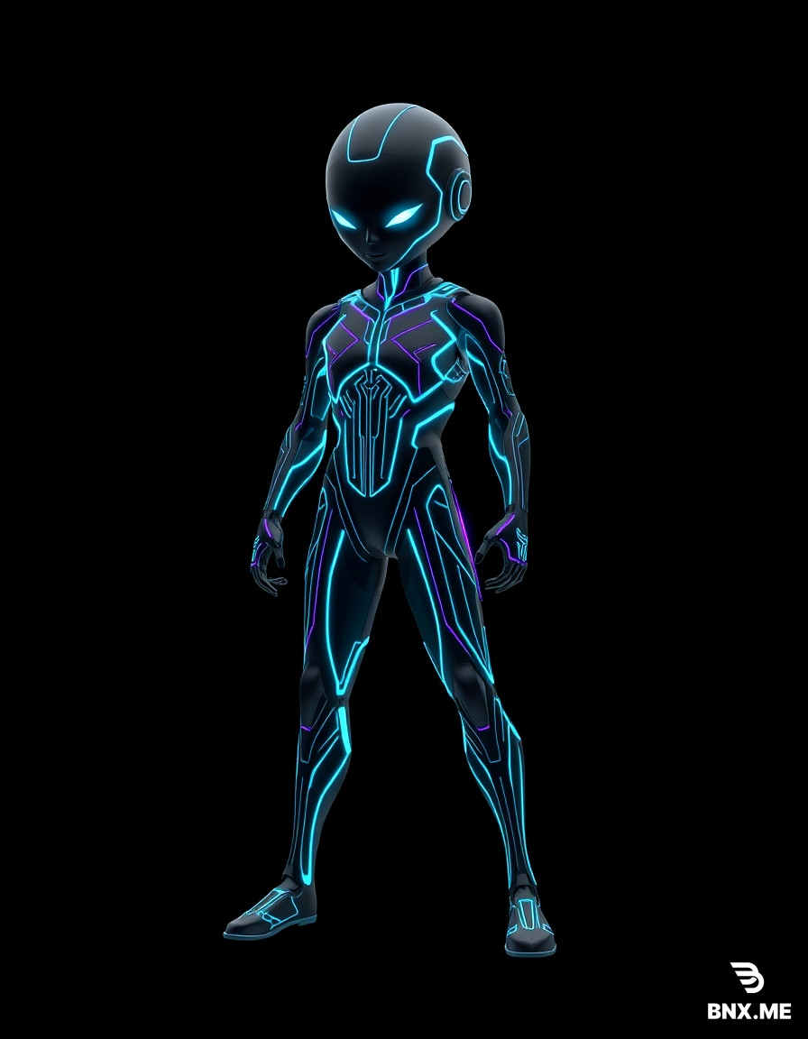 Style: TRON Legacy-inspired, cyberpunk, digital circuitry, low-poly stylized, emissive neon lines, sharp geometric shapes, black base material with glowing cyan and purple energy accents, no organic shapes, no photorealism, clean topology, game-ready asset, T-pose or neutral pose, isolated on pure black background, transparent PNG for 2D, PBR-friendly for 3D. 3D game character, humanoid avatar inside a digital processor, sleek athletic silhouette, dark metallic black body covered with glowing cyan neon circuit lines, smooth spherical head with no facial features, faint white glow where eyes would be, subtle purple energy trail behind, TRON Legacy style, low-poly, 1200 triangles, T-pose, isolated, transparent background, game-ready, PBR. [Universal 3D suffix]