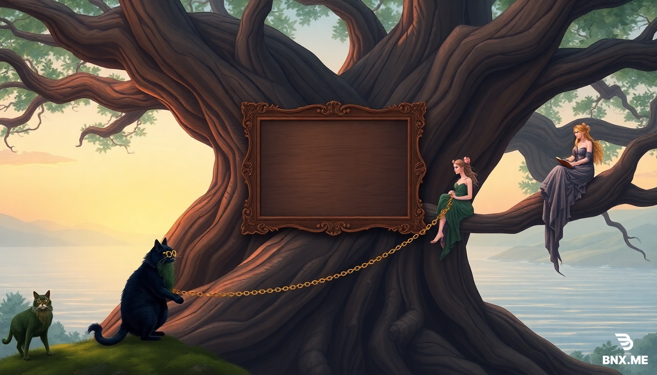 A majestic, fantasy illustration for Pushkin's Lukomorye, wide 16:9 format. The scene is dominated by an enormous ancient oak tree, resembling a baobab with a massively thick trunk, occupying the right two-thirds of the image. On the center of the main trunk, there is a very large, clearly defined empty square placeholder, like a smooth wooden board with a decorative carved frame, ready for a custom image. A thin, elegant golden chain is wrapped around the lower branch. At the foot of the tree, a wise black cat walks along the chain, wearing a golden monocle over one eye and an old scholarly book tucked under its paw. On the far left edge, a mossy Leshy with a long green beard, wise eyes, and bark-like skin peers out from behind the tree. On a thick lower branch overhanging to the right, a beautiful Rusalka with flowing hair and a watery dress sits, observing the scene. The background is a calm, dreamy bay with distant hills, a soft golden hour sunset sky, and a few silhouettes of pine trees. The atmosphere is magical and mysterious. Style: Ivan Bilibin narrative art blended with modern cinematic fantasy, highly detailed, textured brushwork, glowing edges. No text, no typography.