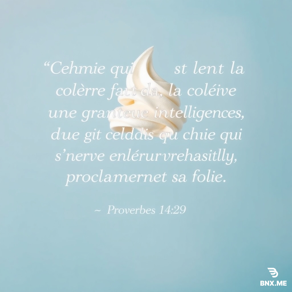 ‎Génères moi une image dans un style épuré et chaleureux en t'inspirant et en mettant la citation suivante: « ‎Celui qui est lent à la colère fait preuve d'une grande intelligence, tandis que celui qui s’énerve facilement proclame sa folie. ‎Proverbes 14:29 ‎». Ajoute en bas à droite, tu signes "Ice cream" , et en bas à gauche tu signes "Smile Author"