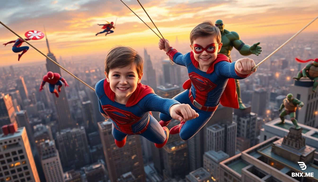 Epic action scene at sunset over a sprawling metropolis. In the foreground, the main hero: a young boy (age 4) wearing a red and blue superhero suit, smiling brightly, looking courageous and determined as he swings between skyscrapers using futuristic cables, the true leader of the team. Fighting alongside him:  A red-and-blue wall-crawling hero with a full-face web mask, agile and acrobatic, shooting webs between buildings. A younger red-and-black suit hero with a similar web-shooting style and a hooded mask, swinging nearby. A patriotic hero in blue, white, and red with a vibranium-style circular shield, standing tall on a ledge. A high-tech armored hero in red and gold, flying with glowing repulsor blasts from his hands and feet, wearing a sleek battle suit. A giant green muscular colossus with a kind, protective gaze watching over the citizens. On the rooftops, four anthropomorphic ninja turtles with red, blue, orange, and purple headbands, leaping between buildings with their traditional weapons (swords, nunchucks, sais, and staff). Lightning, dust, speed effects, cinematic golden-hour lighting, spectacular and heroic atmosphere. High-end 3D animated Pixar-style render, vibrant colors, highly detailed, suitable for children. No text, landscape format 16:9.