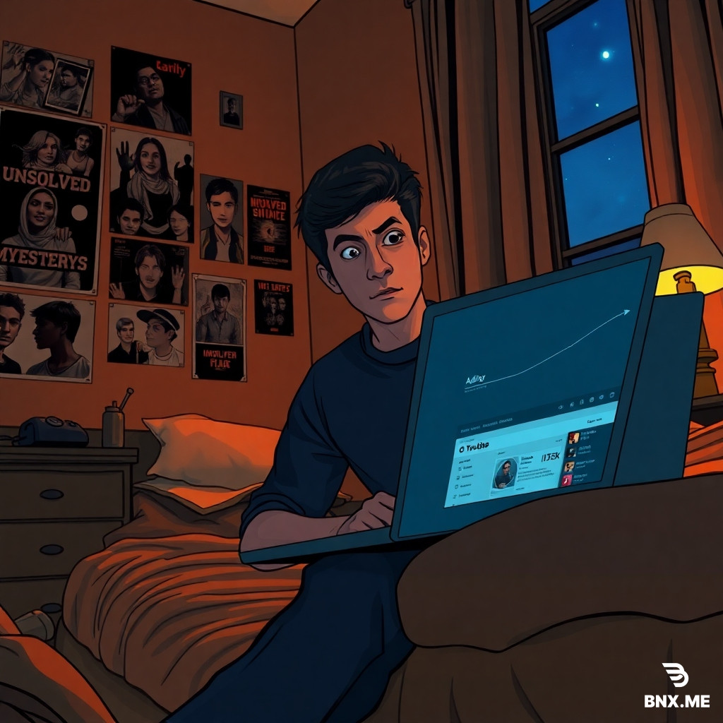 Visual Style: 2D Gritty Graphic Novel / Motion Comic Line Art. Camera Angle: Medium close-up, slightly Dutch angle (tilting). Character Details: Aditya (28, male, black hair with slight stubble, dark blue shirt, black jeans) sitting on the edge of a bed in a dimly lit Delhi apartment. He is watching horror documentaries on a laptop. His eyes are wide, curious, not scared. Scene Description: Aditya’s room - messy, posters of unsolved mysteries on wall, a YouTube dashboard open on laptop with subscriber count showing 125k. Night time outside window. Color Palette: Warm tungsten light from a desk lamp, cool blue from laptop screen, deep brown shadows. Lighting: High contrast — lamp light from right, laptop screen from left, creating split lighting on face. Blocky shadows under chin and behind him. Texture: Film grain + gritty matte. Aspect Ratio: 16:9.