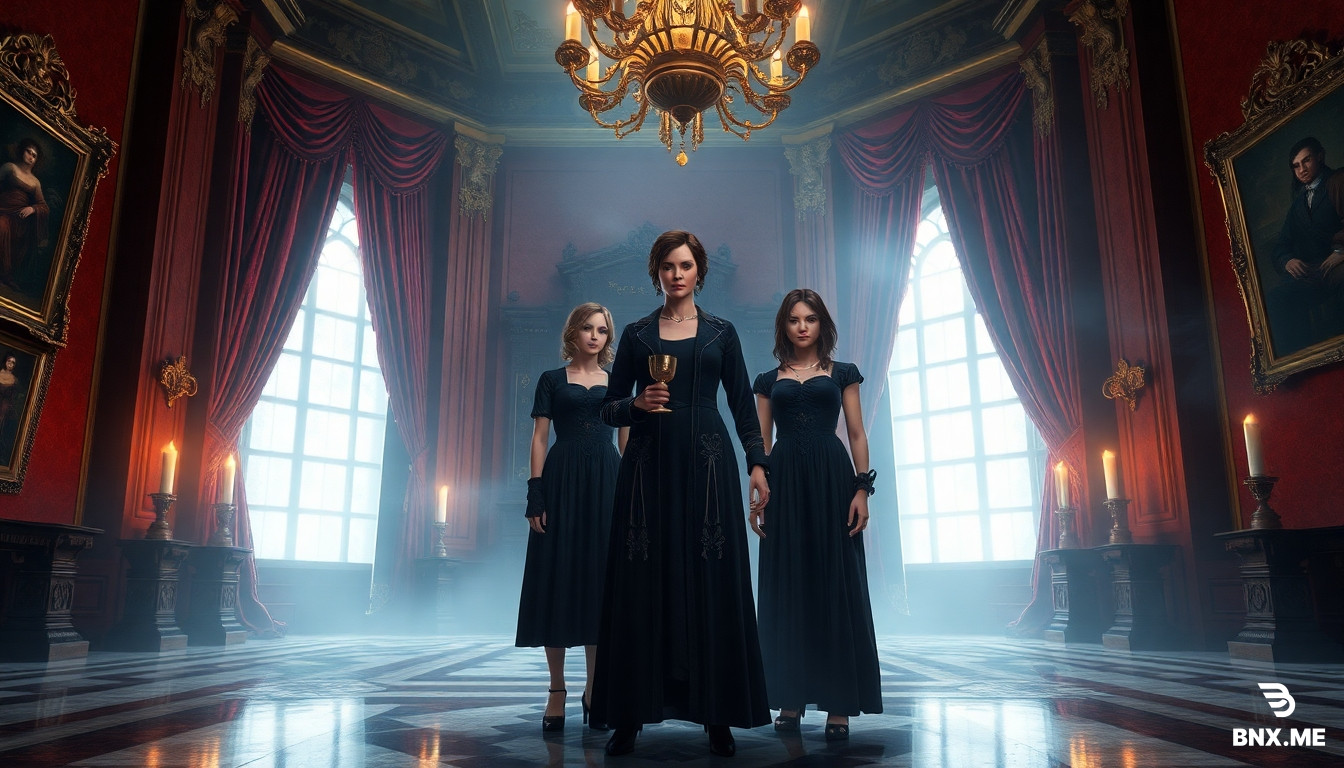 Use the uploaded image as t Preserve the original composition, camera angle, poses, and character placement while transforming the scene into an authentic Resident Evil Village atmosphere.  Replace the characters with the official in-game appearances of Lady Dimitrescu and her three daughters: Bela Dimitrescu, Cassandra Dimitrescu, and Daniela Dimitrescu. Their faces, hairstyles, makeup, expressions, clothing, proportions, and details should closely match their original Resident Evil Village designs.  Lady Dimitrescu stands confidently in the center, tall and dominant, holding her elegant cigarette holder and a golden wine goblet. The three daughters stand around her in intimidating symmetrical poses. All four characters must remain standing.  Set the scene inside Castle Dimitrescu's grand hall with towering Gothic architecture, luxurious crimson velvet curtains, massive chandeliers, antique paintings, gold decorations, marble floors, tall arched windows, candlelight, and thick atmospheric fog.  Make the atmosphere significantly darker and more terrifying while preserving the elegant gothic style.  Add horror elements:  Deep shadows covering most of the room.  Cold blue moonlight entering through the windows.  Warm flickering candlelight creating dramatic contrast.  Thick volumetric fog across the floor.  Countless black insects surrounding the daughters.  Swarms of flies emerging from beneath their dresses.  Floating dust particles.  Torn curtains moving slightly.  Cracked walls.  Broken mirrors.  Blood stains on the marble floor.  Fresh claw marks on pillars.  Dark dried blood trails.  Broken wine glasses scattered around.  Long unnatural shadows.  Faint supernatural aura around the daughters.  Subtle mist surrounding Lady Dimitrescu.  Sinister glowing eyes.  Pale vampire skin.  Predatory expressions.  Elegant but terrifying smiles.   Lady Dimitrescu should appear regal, elegant, dominant, intimidating, and terrifying.  The daughters should look supernatural, graceful, predatory, and haunting, exactly like their Resident Evil Village versions.  The image should feel like an official AAA promotional artwork from Resident Evil Village, not cosplay, not fan art.  Vertical smartphone wallpaper (9:16).  Ultra photorealistic. Extremely detailed. 8K resolution. Cinematic lighting. HDR. Ray tracing. Unreal Engine 5 quality. Dark fantasy. Gothic horror masterpiece. Volumetric lighting. Film quality. Sharp focus. Hyper realistic skin. Highly detailed fabrics. Official promotional art quality.