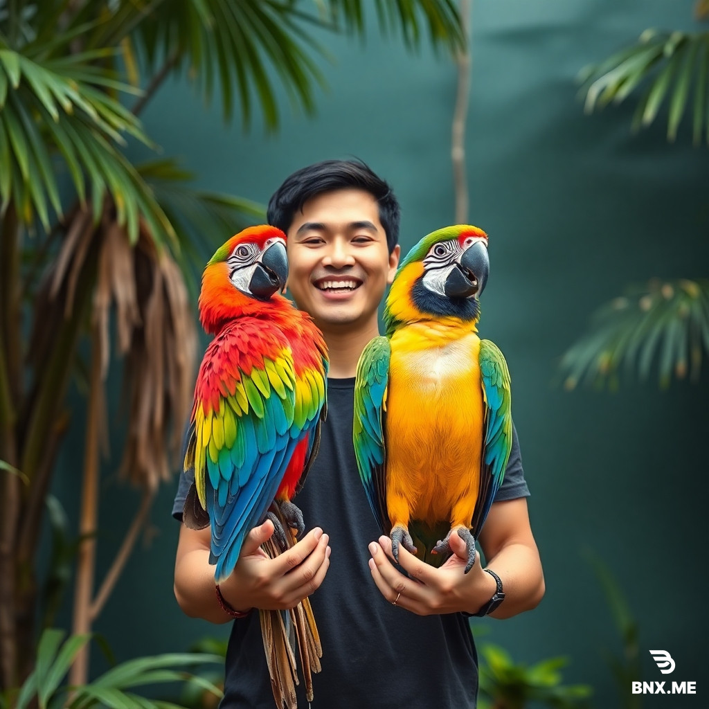 31 year old asian handsome male with a height of 6 feet 7.5 inches, holdina a giant parrot birds in his write hands and smilling loudly