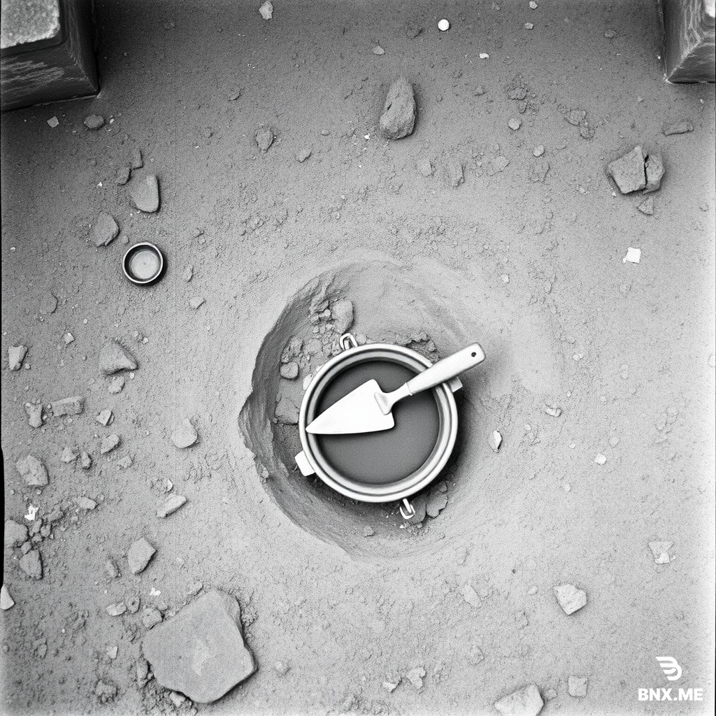 overhead shot of an archaeological excavation site, small trowel and sieve resting on disturbed dirt, 1940s documentary photograph, black and white, grainy, quiet investigative atmosphere