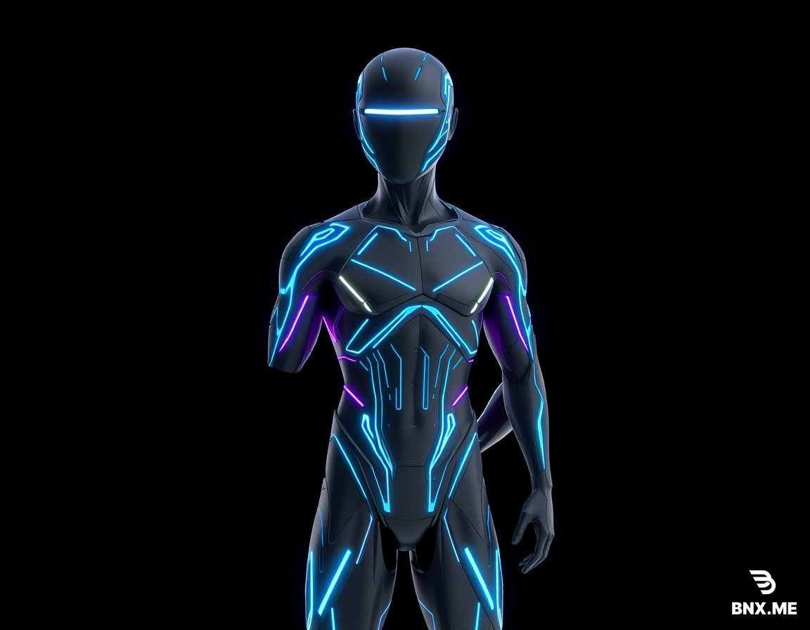 Style: TRON Legacy-inspired, cyberpunk, digital circuitry, low-poly stylized, emissive neon lines, sharp geometric shapes, black base material with glowing cyan and purple energy accents, no organic shapes, no photorealism, clean topology, game-ready asset, T-pose or neutral pose, isolated on pure black background, transparent PNG for 2D, PBR-friendly for 3D. 3D game character, humanoid avatar inside a digital processor, sleek athletic silhouette, dark metallic black body covered with glowing cyan neon circuit lines, smooth spherical head with no facial features, faint white glow where eyes would be, subtle purple energy trail behind, TRON Legacy style, low-poly, 1200 triangles, T-pose, isolated, transparent background, game-ready, PBR. [Universal 3D suffix]