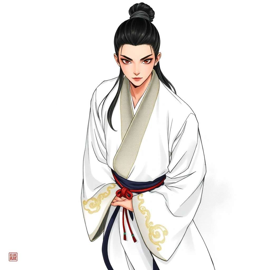 2D hand-drawn character art for a Chinese xianxia cultivation RPG.   Overhead top-down view, 48x64 pixel sprite aesthetic, ink-brush linework on rice-paper white base.    A young cultivator in traditional Taoist robes, ink-black hair tied in a sleek high bun,   sharp facial features with calm, enigmatic eyes suggesting hidden wisdom and spiritual depth.   "工笔" precision on facial contours and robe edges, "写意" loose ink wash in fabric folds.    The robe: flowing white Taoist gown with wide sleeves, subtle cloud-pattern embroidery   in faint gold thread at the collar and cuffs, cinched at the waist with a simple dark sash.   No metallic gleam — only the soft matte luster of silk. Colors: 宣纸白 base, 墨黑 sash,   淡金 thread accents, a single 朱砂-red cord knot at the waist as the only bright accent.    Minimalist background: pale rice-paper fade to misty void, as if the figure stands   at the edge of a cloud sea. Diffuse "morning mist" light with no clear source direction,   casting gentle ink-wash shadows that deepen at the hem.    Style: traditional Chinese ink painting (水墨画) blended with clean 2D game-sprite   line art. Visible brush strokes on fabric folds, crisp edges on character silhouette.   No 3D rendering, no photorealistic shading, no Western fantasy armor or wing motifs.   The figure should feel like a hand-painted scroll illustration — stillness and spiritual   weight, not dramatic posing.    Atmosphere: serene, solitary, ethereal — one cultivator standing between earth and sky,   ready to begin a long path of ascension.