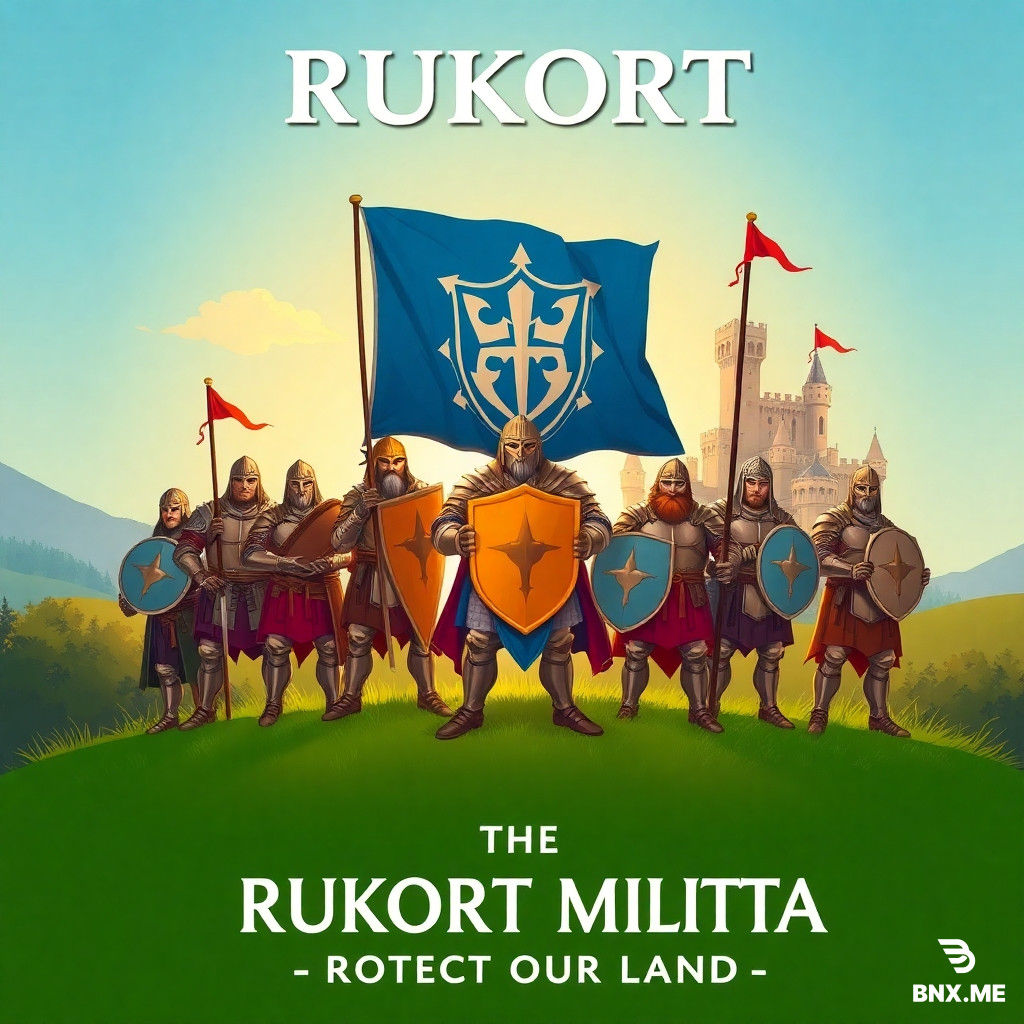 Epic fantasy recruitment poster for the guild "RUKORT". A group of brave heroes in shining armor stands together on a green hill, holding a large blue banner with a shield emblem. In the background, a majestic castle with towers. Pastel color palette: soft green and sky blue. Warm sunset lighting, friendly and inspiring atmosphere. No weapons visible, only shields and flags. Text at the bottom: "JOIN THE RUKORT MILITIA — PROTECT OUR LAND". Style: classic fantasy illustration, highly detailed, 4k, cinematic.