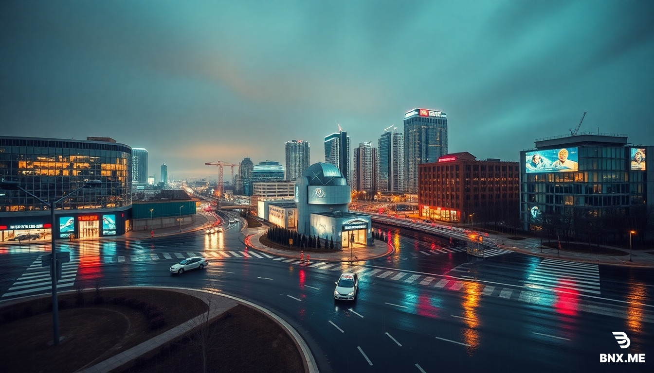 Cinematic wide photo of super modern city of Aktobe,  cyberpank theme, everything shiny from rain, a liltle rainy cliamte, city landscape, shot from knee level