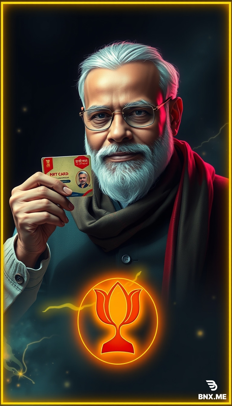 make a image modi ji holding adhar card and give some roll also to this image AND the logo apepering TheDarkPanel