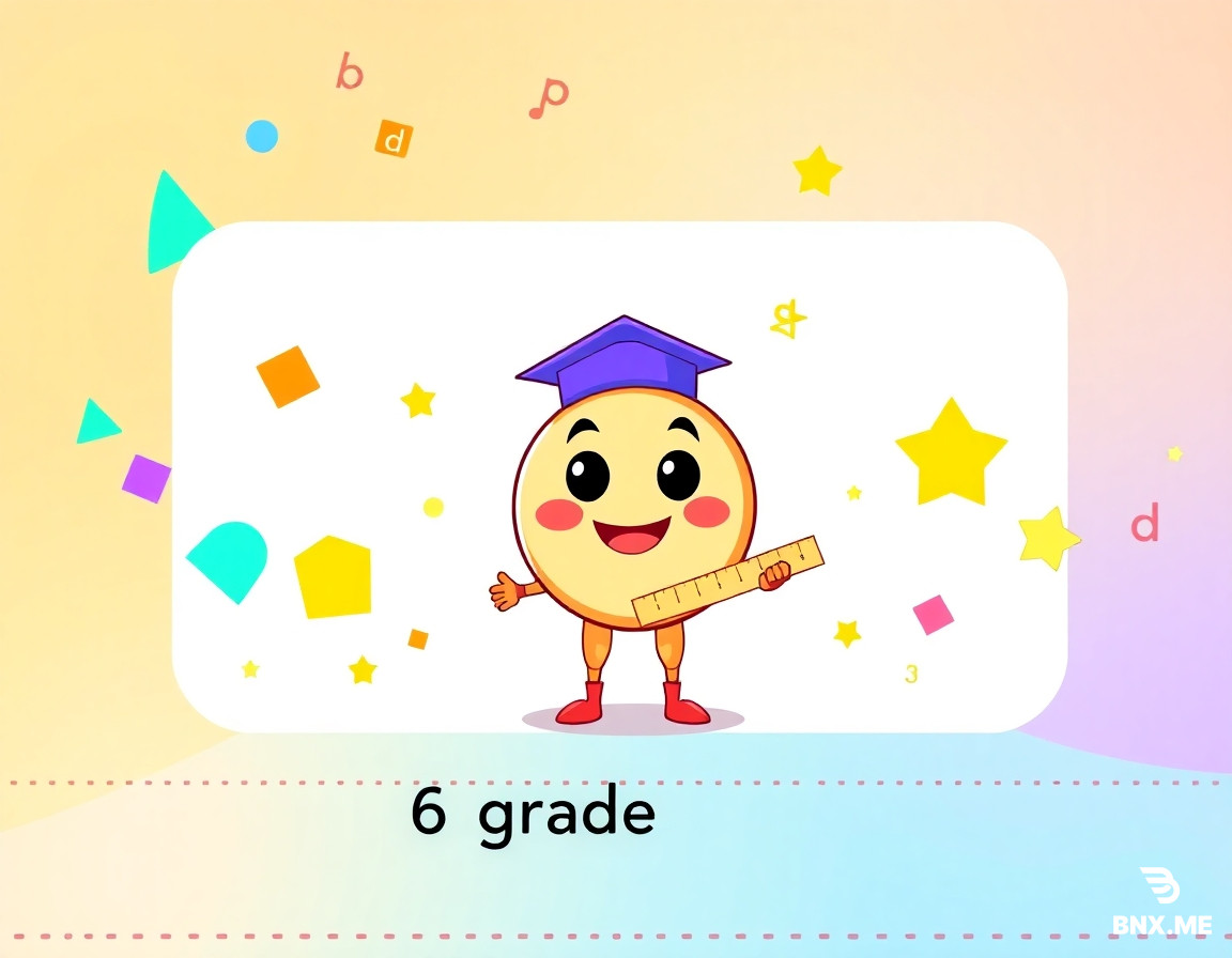 A vibrant and cheerful children's educational book cover design for 6th grade mathematics. The cover features a cute cartoon character shaped like a smiling circle with big expressive eyes, wearing a small graduation cap and holding a ruler, standing in the center of the composition. Background: A magical colorful world made of geometric shapes - triangles, squares, rectangles, and stars floating around in bright pastel colors (soft orange, sky blue, sunny yellow, mint green, and purple). Warm gradient background transitioning from soft peach at the top to light turquoise at the bottom. Large blank white rectangular space at the top with rounded corners, designed for hand-written title. Large blank rectangular space at the bottom with rounded corners, designed for hand-written author name. Visual elements: Floating mathematical symbols (π, r, d), colorful concentric circles, small glowing stars and sparkles, soft shadows, bouncy dynamic composition, playful patterns on the border (dotted lines and small circles). Style: Professional children's textbook illustration, Pixar-style cartoon aesthetic, high quality, 4K, 300 DPI, bright and energetic colors, clean and uncluttered design with plenty of empty space for text. Additional details: The circle character is surrounded by measuring tools like a ruler, compass, and protractor drawn in friendly cartoon style. The overall mood is welcoming, exciting, and makes math feel like an adventure.