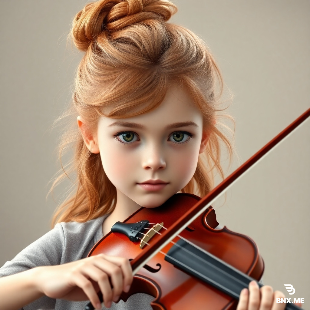 A 14-year-old girl, light reddish-blonde wavy hair in a messy topknot bun on crown, very narrow elongated face, green-hazel eyes, pear-shaped body, 160 cm tall, playing violin, realistic style, soft lighting, detailed portrait, high quality, 8k.