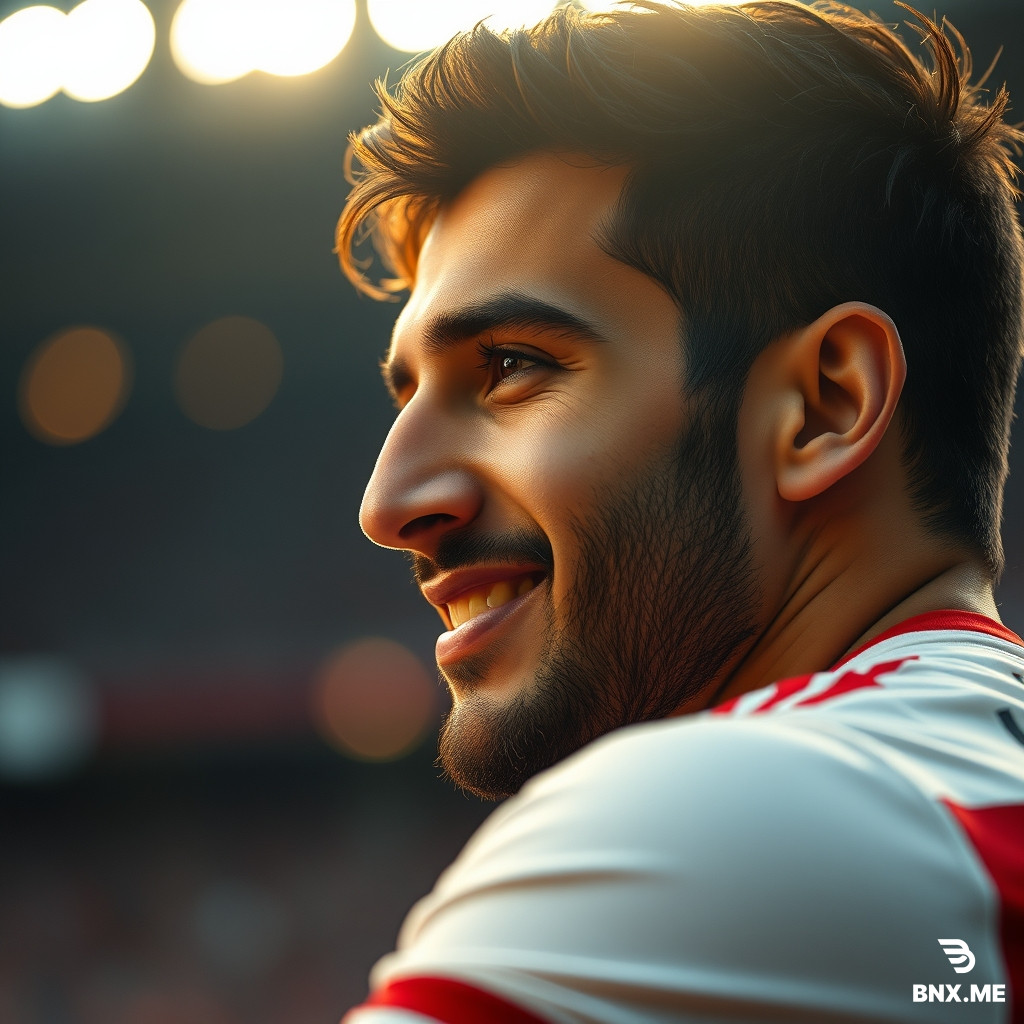 «Romantic cinematic portrait of Ramin Rezaeian, Iranian footballer, soft smile on lips, loving gaze, gentle golden light on his face, blurred stadium lights in background, emotional expression, warm orange and red tones, photorealistic, 8k, breathtaking beauty, unique masterpiece --ar 4:5»  ---