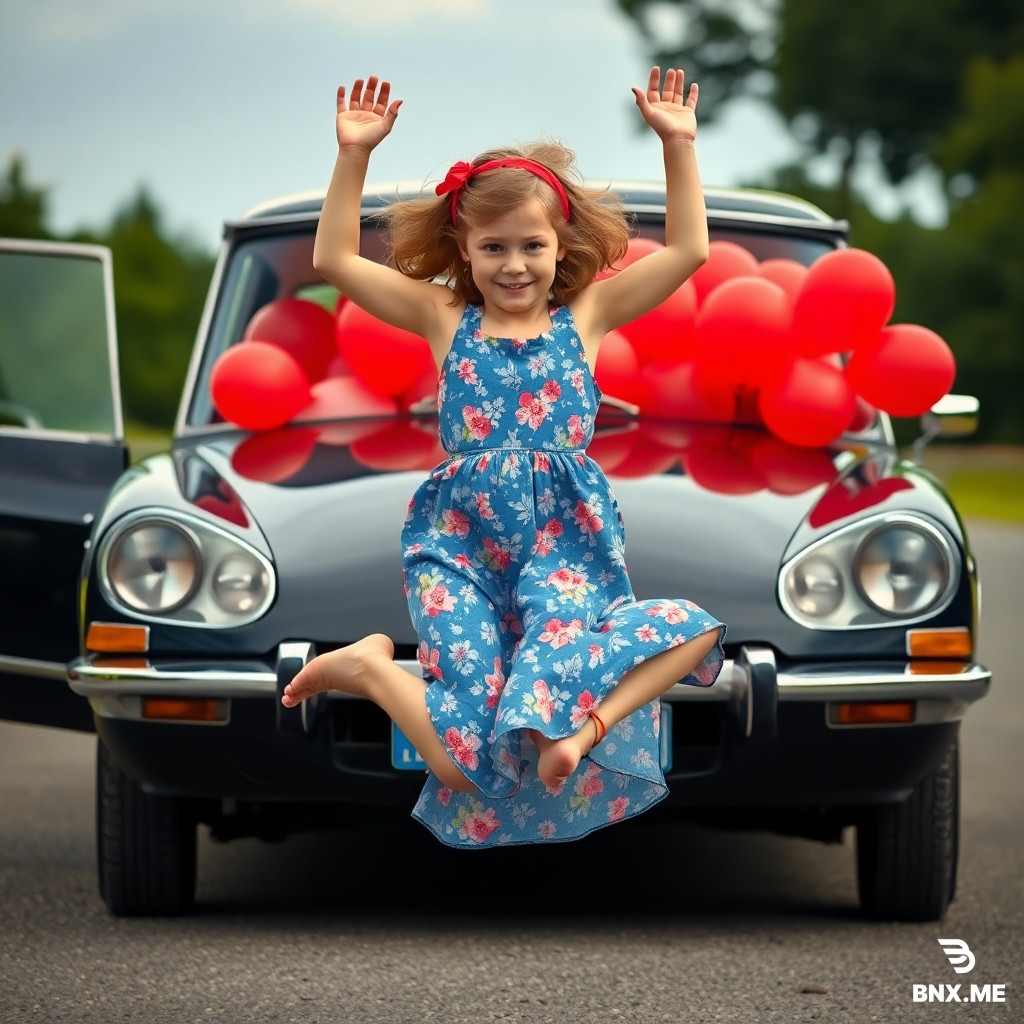 candid shot of a 15yo small height french girl with light brown hair in Floral Print blue summer dress jumping in the air with a black 1970s Citroën DS 23 in background , ,effortless chic, ,red headband,crossed legs,informall pose,car enteriour filled with red balloons so much that they flowing out the windows, car shot from front,exaggerated, very jiggly, fluid,  , casual young woman, no makeup, awkward, adolecent, plump body,stout, thick upper leg, wide hips