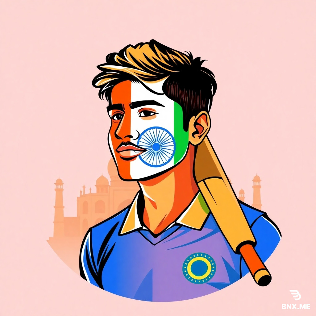 Indian cricket fan avatar, half face portrait, face painted with Indian flag colors orange white green, wearing blue cricket jersey, cricket bat over shoulder, subtle Taj Mahal silhouette in background, circular frame, modern illustration style, bold outlines, vibrant, patriotic, profile picture --ar 1:1