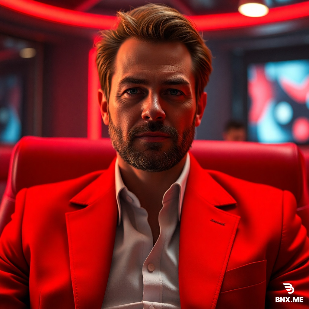 Man in red suite. Hyper realistic. 4K. High details.