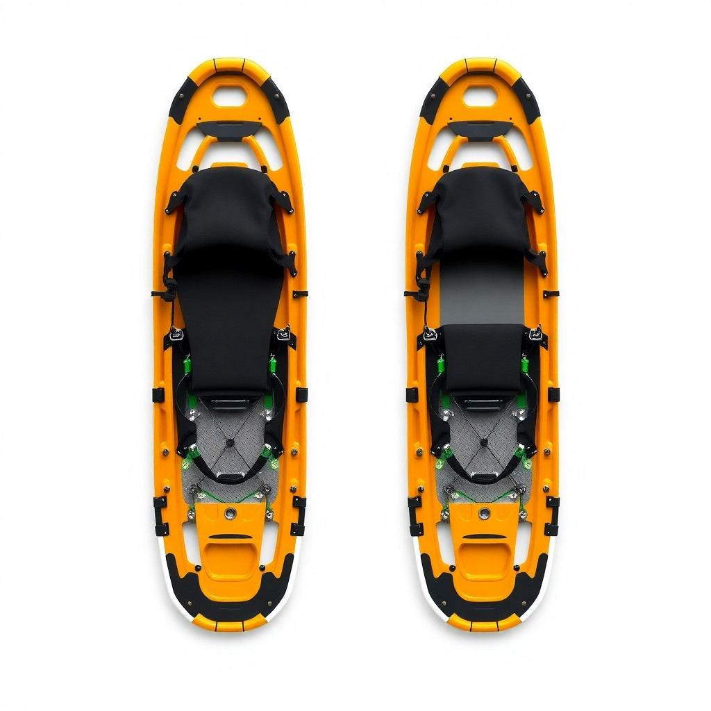 PROMPT N°3 — VUE DE DESSUS TECHNIQUE Perfect orthographic top-down engineering render of the assembled Split Sled Catamaran. Dimensions: 135 cm length. 58 cm width. Two parallel snowshoes integrated into flexible catamaran hull. Black tensioned textile seat. Flexible structural backrest. Green and black Dyneema tension matrix. Carbon telescopic rails. Integrated crampons. Visible attachment points. Visible reinforcement zones. Visible stitching. Visible UHMWPE thermoformed edges. Perfect symmetry. White studio background. Outdoor equipment catalog style. Photorealistic. Ultra detailed. "The snowshoes remain unchanged and do not magically extend. The sled length is created exclusively by the deployment of the flexible UHMWPE/TPU hull membrane and structural seat assembly."
