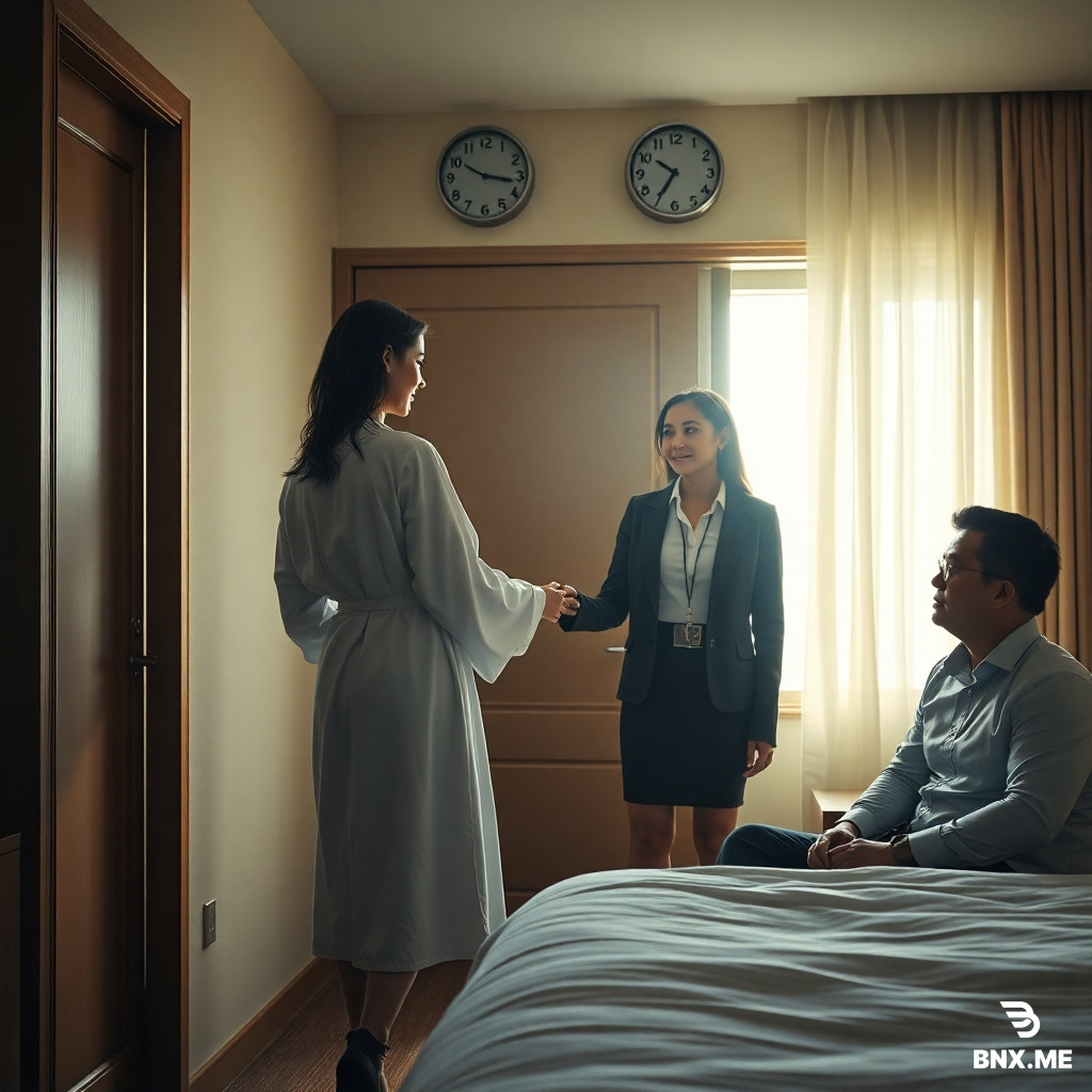 Hotel room scene, view from the bed toward the door. A woman with wet hair stands at the door in a white bathrobe. The robe is open, untied, slipping off one shoulder, revealing it. She gently holds the hand of a young woman in a business jacket and white blouse with a large bust, inviting her inside. The young woman wears a name badge. A man sits on the bed watching them. Morning light streams through the window. Round wall clocks above the door show around 12:00. Realistic style, cinematic lighting, soft shadows, high detail, 8k.