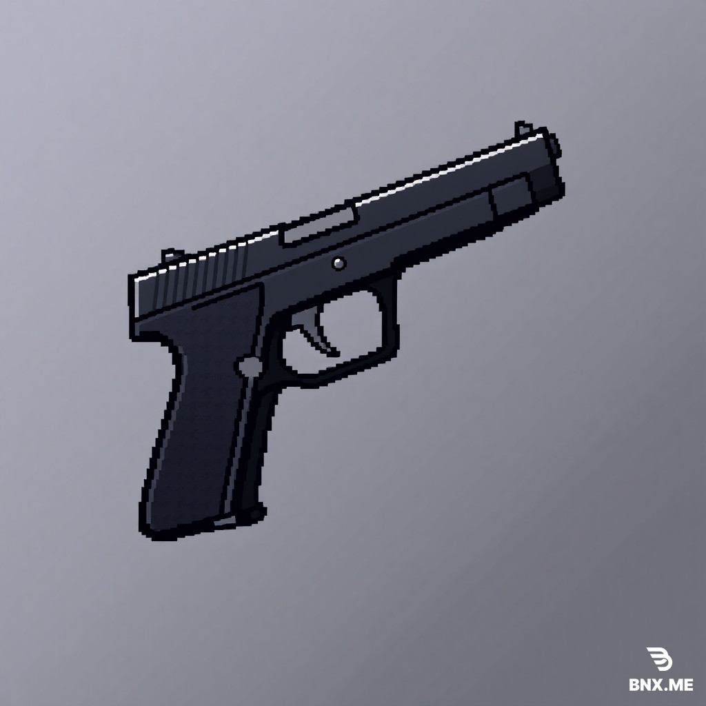 Semi-Auto Pistol: *"8-bit NES pixel art, 16x16 pixels, a black slim pistol with a long slide. Silver trigger guard. Side view. Palette: black, silver, and dark gray. Transparent. Blocky, elongated rectangle shape."*