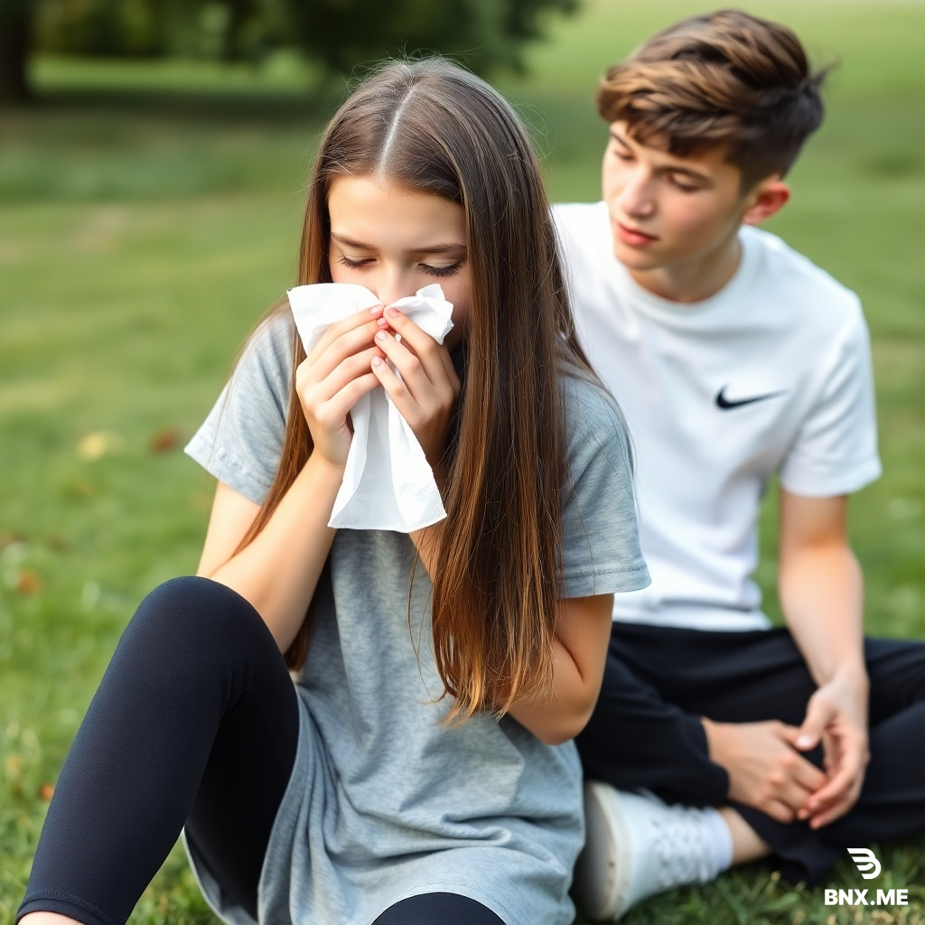 make a image of a 13 year old girl (has long straight brown hair and brown eyes) that has a cold and is blowing her nose hard with a white tissue with 2 of her hands holding the tissue and her eyes closed. (show the front side of the girl) hardly and is wearing a grey t shirt and wearing black flared leggings and white nike shoes outside and sitting down on grass with her boyfriend that has same hair colour as her, and same age as her. and is wearing white nike t shirt, and is wearing black strechy trousers and white nike shoes