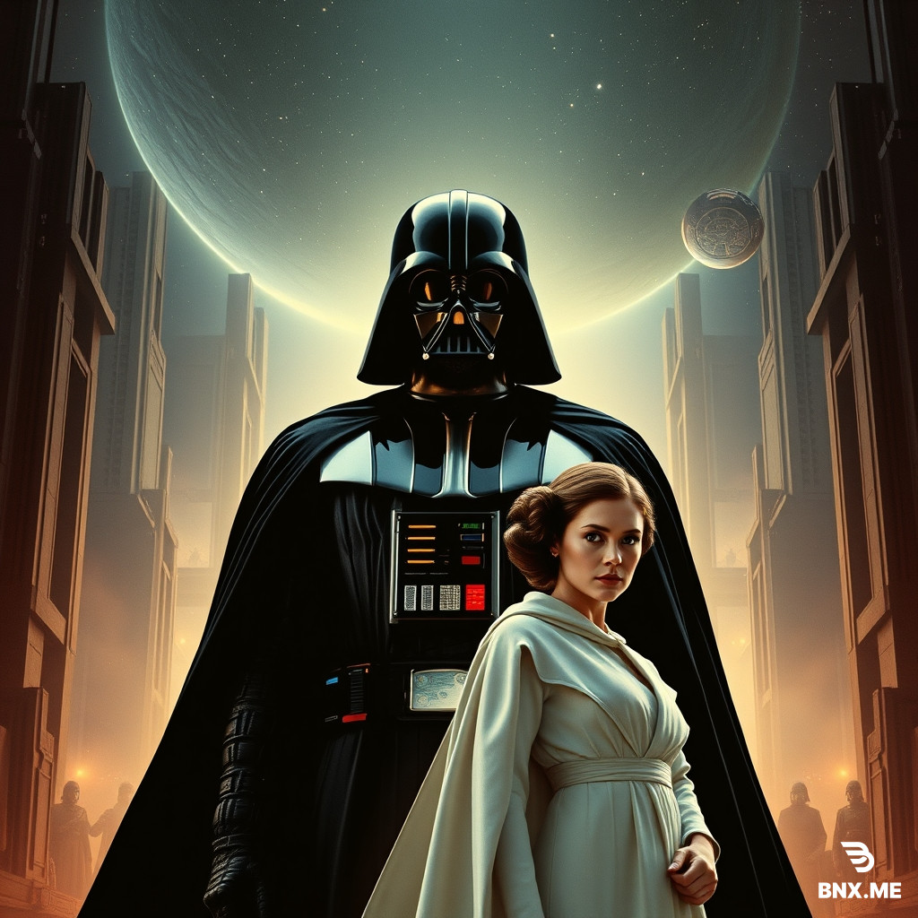 Create a monumental cinematic 16:9 widescreen poster inspired by the dark grandeur, scale and visual drama of a classic space-opera empire.  MAIN CHARACTERS  Darth Vader is the dominant figure.  He stands large and imposing in the foreground, unmistakable black helmet, mask, armor and flowing cape. His presence should feel monumental, controlled, intimidating and almost architectural.  Princess Leia appears as the second major character, clearly recognizable, elegant and strong, with her iconic hairstyle and a sophisticated white costume. She should feel intelligent, defiant and composed rather than helpless.  Do not make either character cartoonish. They should have convincing photographic materials, realistic fabric, natural human skin on Leia, physically believable lighting and exceptional dimensional depth.  COMPOSITION  Use an epic theatrical-poster composition.  Darth Vader dominates approximately the central/left portion of the frame.  Princess Leia occupies the opposite side at a slightly smaller scale, creating visual tension between the two characters.  Behind them is an enormous imperial science-fiction environment: monumental architecture, distant spacecraft, atmospheric haze, tiny lights, stars and a vast sense of scale.  Use foreground elements slightly out of focus to create additional depth.  The composition must feel three-dimensional, with clearly separated foreground, middle ground and background.  TITLE  The MAIN TITLE is:  THE CASSETTE  Make THE CASSETTE large, elegant, extremely legible and worthy of a major theatrical release.  Underneath, considerably smaller:  THE EMPIRE WOKE  The hierarchy is mandatory:  THE CASSETTE = dominant title THE EMPIRE WOKE = secondary line  Do not add any other text, logos, credits or taglines.  CINEMATOGRAPHY  Extremely cinematic theatrical lighting.  Strong sculptural light on Darth Vader’s helmet and armor.  Subtle rim lighting around his silhouette and cape.  Princess Leia receives beautiful directional light with realistic human skin texture, pores and natural tonal variation.  Deep blacks without crushing shadow detail.  Bright highlights without artificial HDR.  Volumetric atmospheric light.  Realistic reflections on Vader’s helmet.  Large-format cinema-camera feeling.  Anamorphic visual character.  Controlled shallow atmospheric depth.  Subtle film grain.  Rich tonal separation.  No plastic surfaces.  No synthetic AI-looking skin.  No excessive digital sharpening.  COLOR WORLD  Predominantly black, charcoal and deep space tones, contrasted with restrained imperial red illumination and Leia’s luminous white clothing.  The red should work as an accent rather than covering the entire image.  The result should feel sophisticated, expensive and cinematic rather than like generic science-fiction artwork.  FINAL TARGET  A 16:9, photorealistic, monumental cinematic key art image that immediately communicates Darth Vader, Princess Leia and the grandeur of an interstellar empire, while presenting THE CASSETTE as the unmistakable main title and THE EMPIRE WOKE as the secondary line.  The visual quality should feel suitable for a giant cinema screen or international streaming-platform campaign.