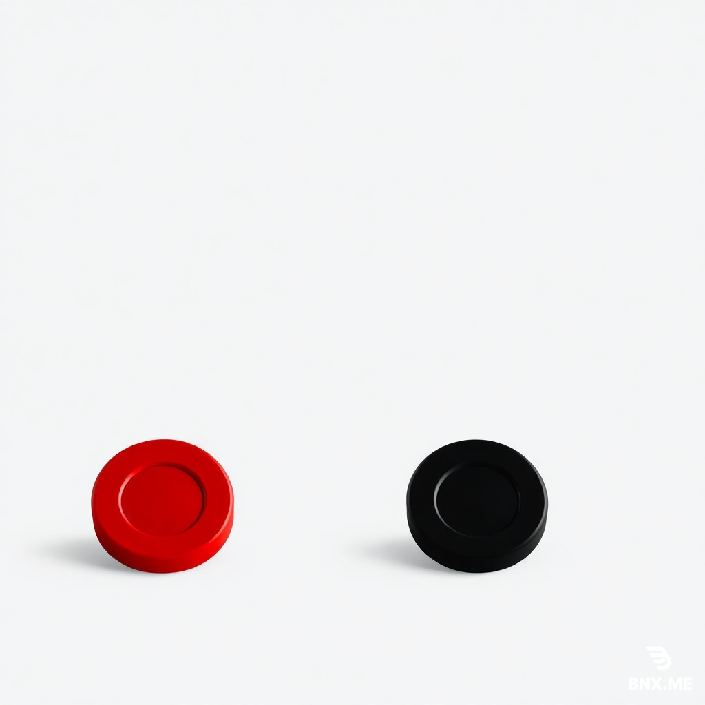 Four minimalist checkers game pieces. All four will have an outer rendered circle and a smaller centered inner circle, both in the same color as the piece's background but darker. Two pieces will be red and two will be black. One red piece and one black piece will feature a crown symbol representing the kings.