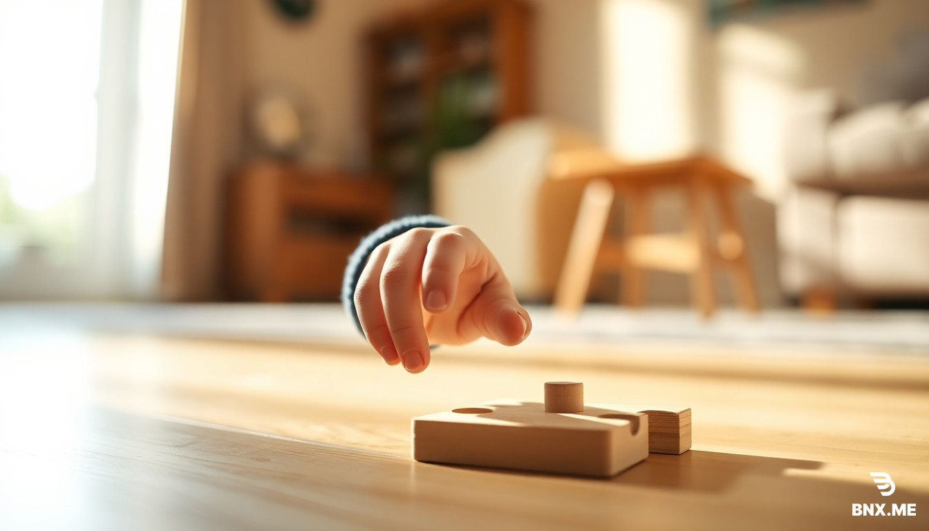 Candid, high-quality lifestyle photography of a 2-year-old toddler’s hand reaching for a bright wooden puzzle piece on a sunlit floor. Soft natural morning light, shallow depth of field, blurred warm home background. Focus on the toddler's concentration and the delicate pincer grasp. Cinematic lighting, warm domestic atmosphere, 8k resolution, captured on 35mm lens.