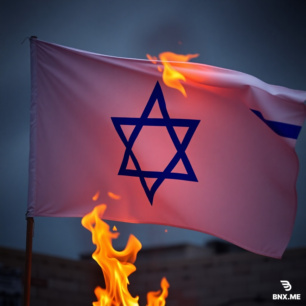 A picture of the Israeli flag burning