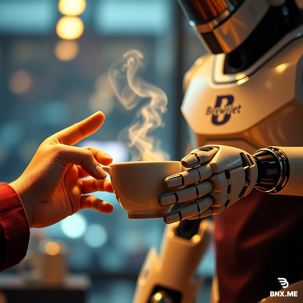 A cinematic, hyper-detailed poster of a futuristic robot barista handing a steaming ceramic cup of coffee to a human customer — extreme close-up on both sets of hands and fingers, showing mechanical articulation and soft, realistic human skin. The robot has a small logo on its chest that reads “BrewNet” in clean sans-serif, warm cinematic rim lighting, shallow depth of field, 8k detail, photorealistic, subtle film grain. Emphasize realistic fingers and correct anatomy, no extra or missing digits, no floating limbs. Include a faint cityscape bokeh in the background.