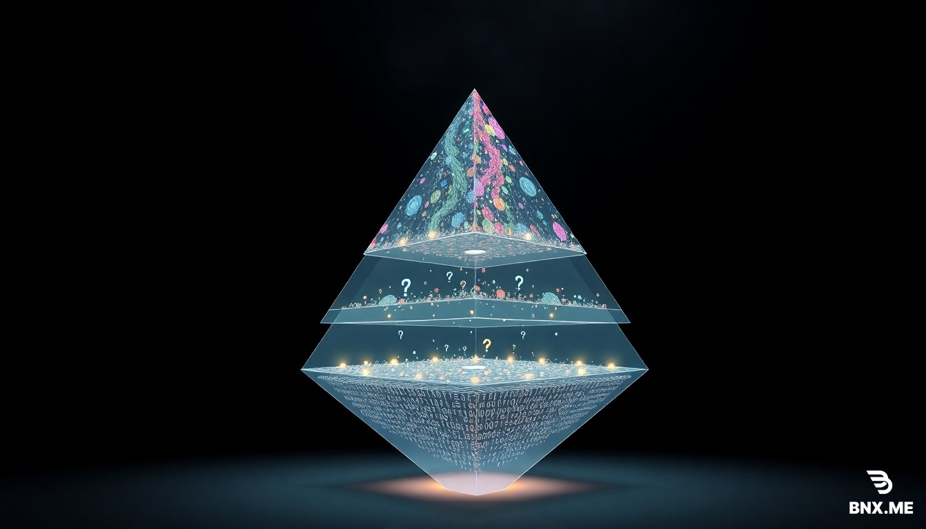 Prompt: A futuristic 3D diagram of a transparent glass pyramid floating in a dark void. The pyramid is divided into 6 distinct horizontal layers. The top layer (L5 L5​) is chaotic, filled with colorful swirling fog, metaphors, and abstract symbols like question marks and myths. As the eye moves down through the layers (L4 L4​ to L1 L1​), the chaos organizes into structured grids, data streams, and mechanical gears. The bottom base layer (L0 L0​) is a solid, glowing bedrock of pure geometric events, binary code, and clear causal lines connecting simple dots. Soft volumetric lighting illuminates the descent. High-tech scientific illustration, clean lines, octane render, 8k, educational style. --ar 16:9 --v 6.0