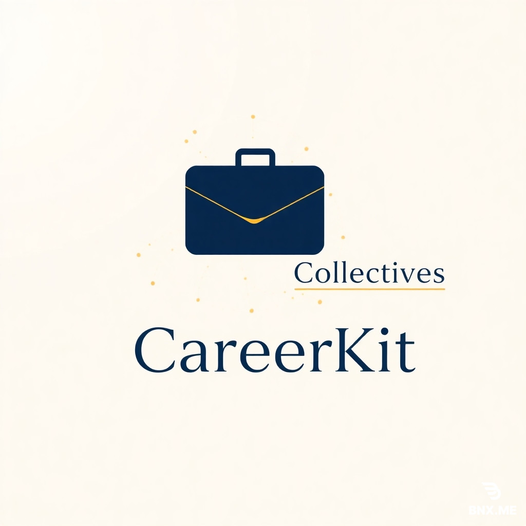 Act as a professional brand designer and digital marketer. Create an elegant, ultra‑clean Pinterest profile banner (1600 x 900 px) for a career‑template brand called "CareerKit Collectives". The background is a smooth, warm off‑white with a subtle radiant glow in the center. In the middle, a refined geometric composition features an abstract briefcase and layered document shapes intertwined, rendered in deep navy (#0B1A3B) with delicate gold (#C8A951) accent lines. These icons are minimalist, symmetrical, and highly polished. Flowing outward from the icon are faint, almost invisible golden geometric connecting lines that suggest sophistication without clutter. On the right half of the banner, the brand name "CareerKit Collectives" is written in a timeless, refined serif or elegant sans‑serif font in navy, with the word "Collectives" in a lighter weight. A single, thin gold underline sits beneath it, perfectly aligned with the icon. Small, barely‑there abstract floating particles (tiny dots in gold) add a premium, polished atmosphere. No humans, no faces, no living things. Lighting is soft, magazine‑editorial style. The overall mood is confident, aspirational, calm, and extremely trustworthy—perfect for a high‑end career‑education brand.