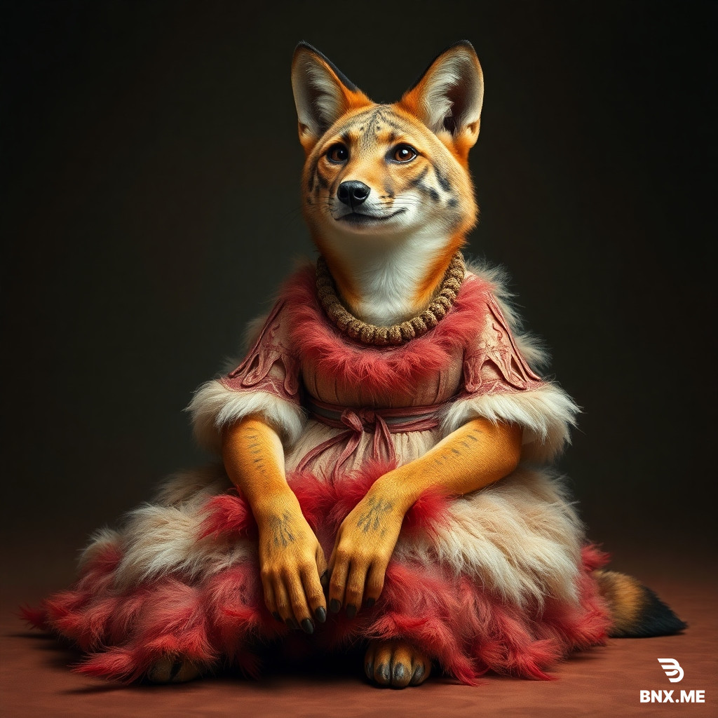 an overweight female jackal, seated, wearing a dress with lots of feather trimmings