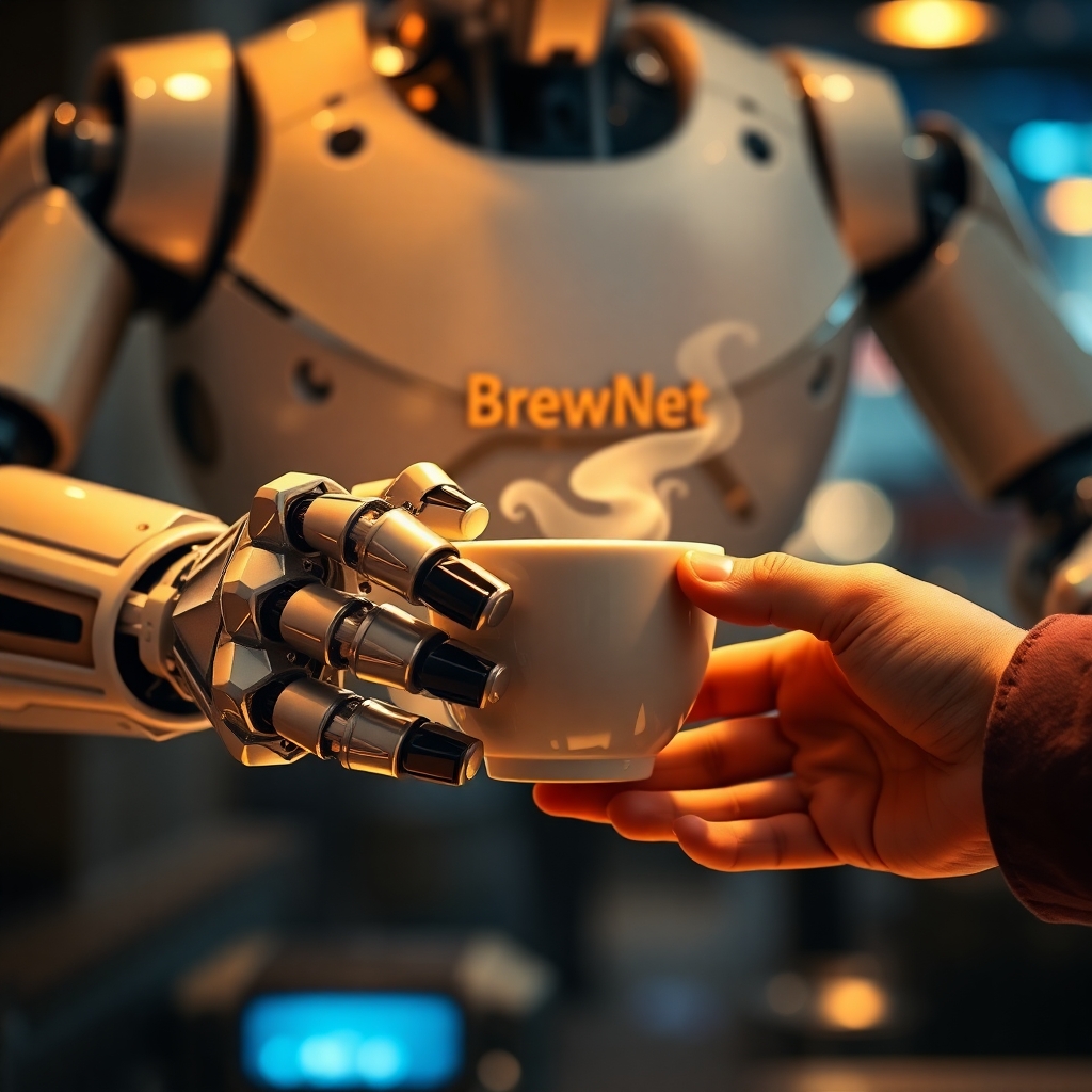 A cinematic, hyper-detailed poster of a futuristic robot barista handing a steaming ceramic cup of coffee to a human customer — extreme close-up on both sets of hands and fingers, showing mechanical articulation and soft, realistic human skin. The robot has a small logo on its chest that reads “BrewNet” in clean sans-serif, warm cinematic rim lighting, shallow depth of field, 8k detail, photorealistic, subtle film grain. Emphasize realistic fingers and correct anatomy, no extra or missing digits, no floating limbs. Include a faint cityscape bokeh in the background.