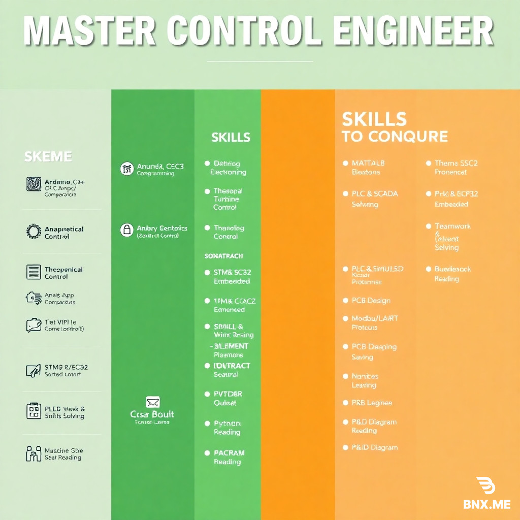 Create a professional, high-quality motivational poster for an electrical engineering student named "Aissa Boudi". The title at the top is "MASTER CONTROL ENGINEER ROADMAP" in bold white text.  The poster is divided into THREE vertical sections:  LEFT SECTION (Green/Dark Green background, title "CURRENT SKILLS"): Include icons and text for: Arduino, C/C++ Programming, Analog Electronics (Op-Amps/Comparators), Theoretical Control (PID, Root Locus), Mark VIe Turbine Control (SONATRACH), Teamwork & Problem Solving.  MIDDLE SECTION (Orange/Dark Orange background, title "SKILLS TO CONQUER"): Include icons and text for: MATLAB/Simulink, PLC & SCADA (Siemens), STM32/ESP32 Embedded, PCB Design (KiCad/Altium), Python Programming, Modbus/UART/I2C/SPI Protocols, P&ID Diagram Reading.  RIGHT SECTION (Blue/Navy background, title "FINAL VISION"): Show a silhouette of an engineer standing on a hill overlooking an industrial plant (oil/gas refinery) combined with solar panels and wind turbines. Text below: "I am a Process Control & Energy Systems Engineer. I bridge Industrial Automation with Renewable Energy."  Background: Dark blue circuit board traces with glowing dots. Clean, modern, academic aesthetic. Bold clear fonts. Photorealistic style. 16:9 aspect ratio.