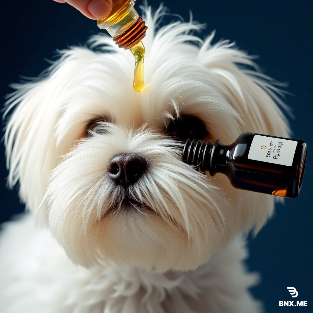 a maltese dog, looking ruffled, with a bottle pouring a few drops of macassar oil over its head