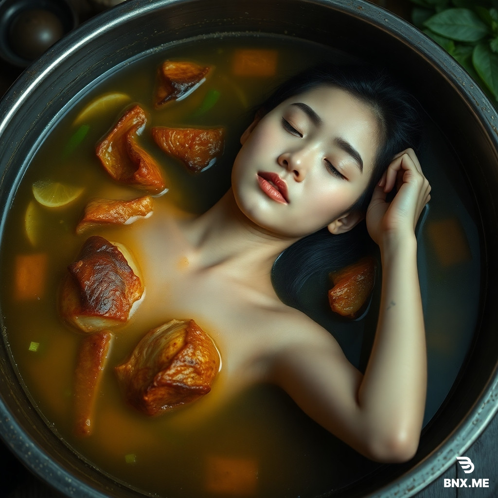 A beautiful high school Eastern Asian maiden lying in a big soup pot,whose body cut into roasted pieses,eyes closed,as real as photo,full of reality