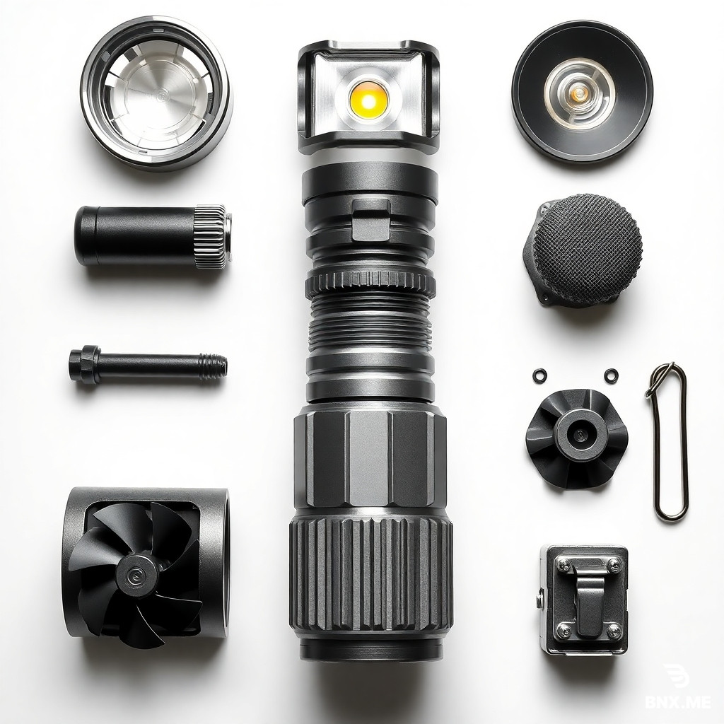 Product explosion view / knolling style disassembly of a high-performance LED flashlight / work light.  Components from top to bottom / left to right:  1. High-definition optical lens (clear convex lens) 2. High-intensity LED bead (model 4575, square shape, yellow emitting surface) 3. High-spotlight reflector cup (smooth parabolic shape, metallic finish) 4. Self-contained secondary reflector cup (removable, textured surface, for flood/spot switching) 5. Aviation aluminum alloy main body (cylindrical with cooling fins, gray anodized) 6. High-speed silent cooling fan (small axial fan, black blades, silver frame) 7. Special buckle / clip (metal spring clip, used to secure the secondary reflector or battery cover)  Layout: White background, evenly lit, high resolution, e-commerce product infographic style. Each part is separated by a small gap, arranged in the order of assembly. No text, no watermark.