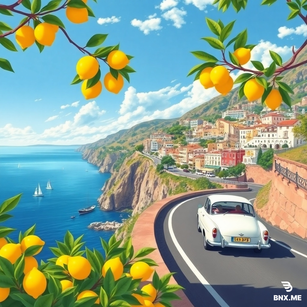 Modern pencil illustration of Vintage travel poster illustration of the Amalfi Coast, Italy, panoramic coastal cliff road scene, classic 1960s white car driving along a curved seaside road, deep blue Mediterranean sea with small sailboats, colorful pastel hillside village, bright blue sky with soft clouds, lemon tree branches with vibrant yellow lemons framing the foreground, warm summer sunlight, bold vibrant colors, retro 1950s travel poster style, cinematic composition, high detail, screen print texture, graphic illustration. Hand-drawn style, illustration with loose strokes and defined contours. High-contrast color palette, maintaining chromatic harmony between background and elements. Contemporary and decorative aesthetic.