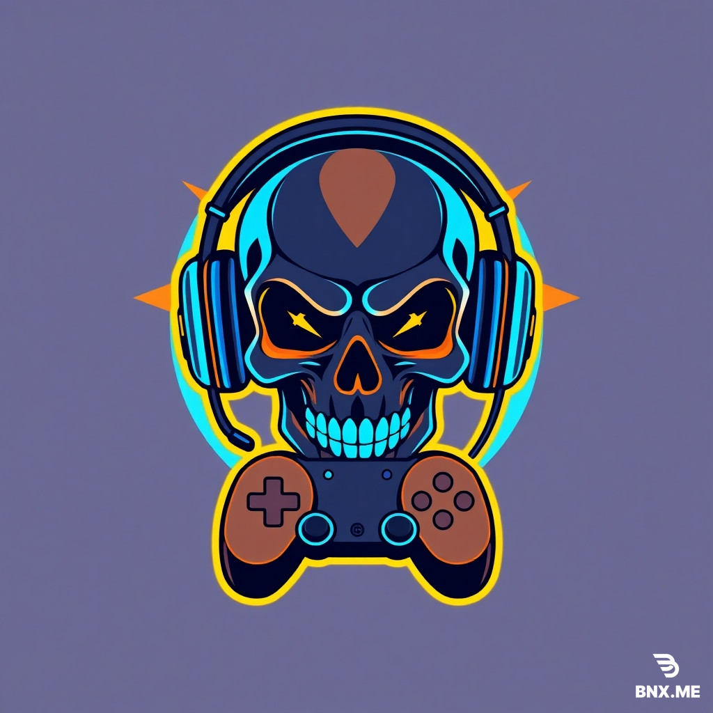 a cool esports logo for a streamer, stylized as a cyberpunk skull with gaming headphones and a controller, neon blue and orange colors, flat vector art, avatar design, transparent background