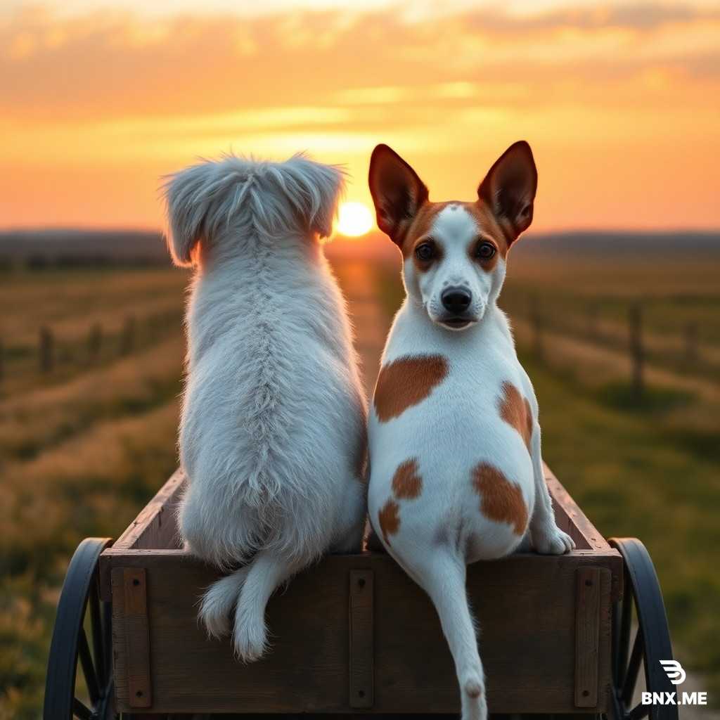 Rear view of white fluffy Maltese with floppy hanging ears and white Jack Russell with folded-over brown ears, sitting on wooden cart moving away into sunset, 1880s farm prairie. No humans, realistic dogs.