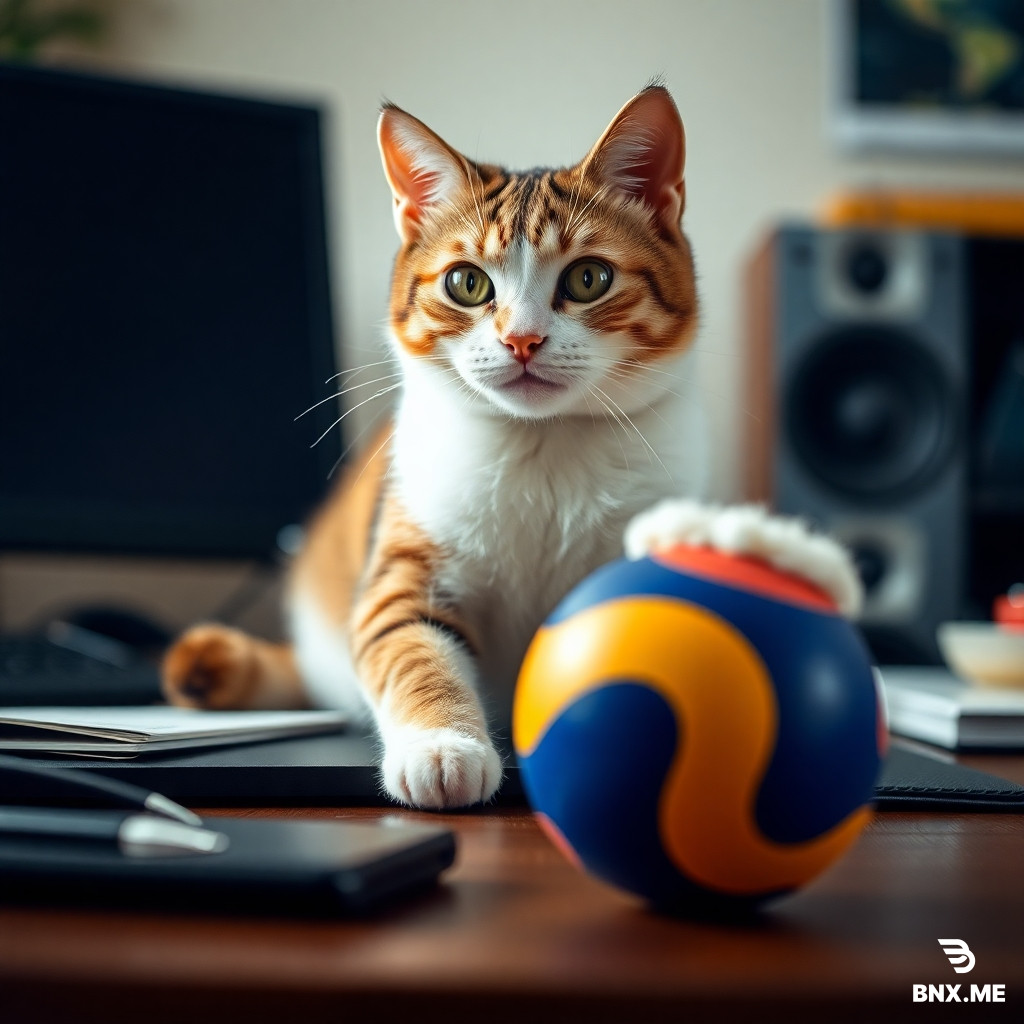 a cat on the desk and play ball