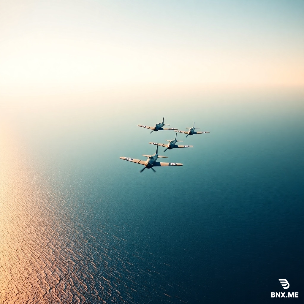 Cinematic wide shot, five vintage 1940s Grumman TBF Avenger torpedo bomber planes flying in perfect V formation over an endless calm blue ocean, clear cloudless sky, bright golden afternoon sunlight reflecting on the water surface, peaceful atmosphere, photorealistic, 8k, documentary style --ar 16:9