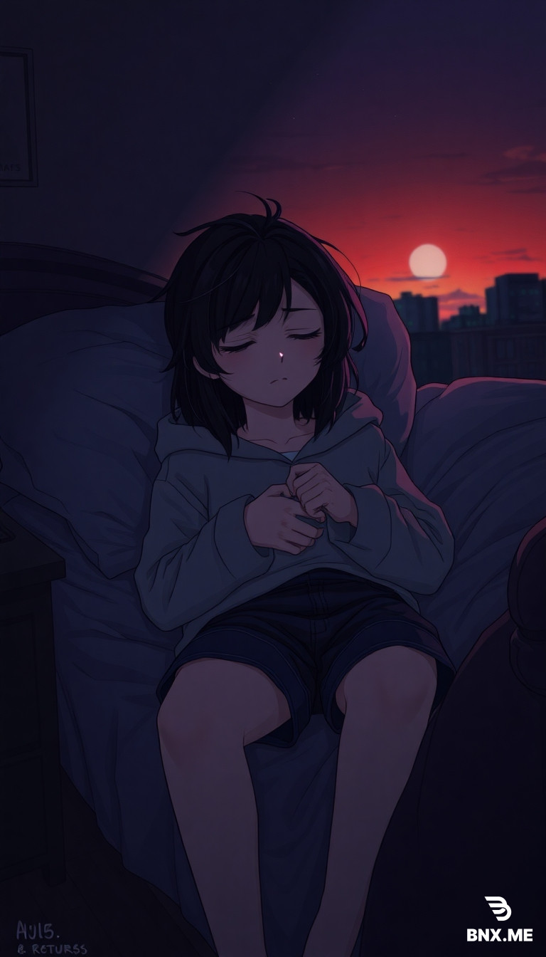 Drawn in a dark, cinematic cartoon style, with heavy shadows, dramatic lighting, night-time setting, detailed linework, and an eerie, surreal atmostphere. Inspired by adult animated shows and noir comics. Subtle neon glow, slightly distorted facial expressions, thick outlines, vhs effect, muted colors, and vintage textures. Stylized background with twilight skies, mysterious enviorments, and emotional tension. 4K, highly detailed, digital painting. Aspect ratio 9:16 Night returns to the same apartment bedroom. The young girl with shoulder-length messy black hair, pale skin, and dark tired eyes lies stiffly on her bed, wearing the same oversized light-gray hoodie and dark blue shorts. Her body is tense, eyes tightly shut, hands clenched near her chest. The room is darker than before, with deep shadows filling every corner and faint green-blue tones creeping across the walls.