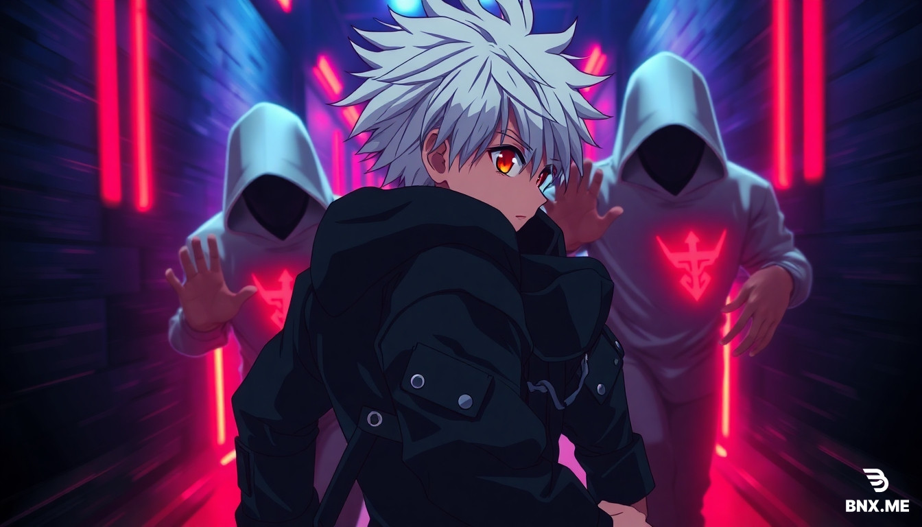 anime style, young man Cain, white messy hair with red tips, amber eyes with red glow, dark combat jacket with hood up, running desperately through dark alley with red/purple neon lights, looking back with fear, behind him two faceless white hooded figures (Error Hunters) with glowing red chest symbols, hands transforming into data cables reaching toward him, motion blur, dramatic shadows, low angle, high contrast, cinematic lighting, ultra HD, 8K, --ar 16:9
