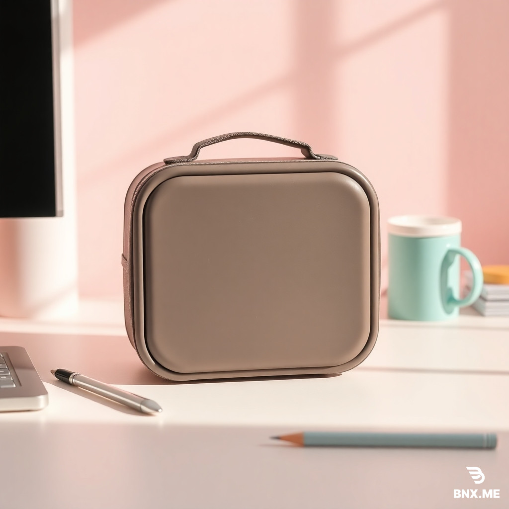 Keep the exact same composition, camera angle, lighting, and background.  A soft pastel minimal desk scene  Replace the existing lunch box with the new provided lunch box, matching perspective, shadows, and lighting perfectly.  keep the surface clean.  Maintain realistic product placement, soft natural shadows, and premium lifestyle product photography style.  Do not change colors of the background or other objects.  Keep everything else identical.